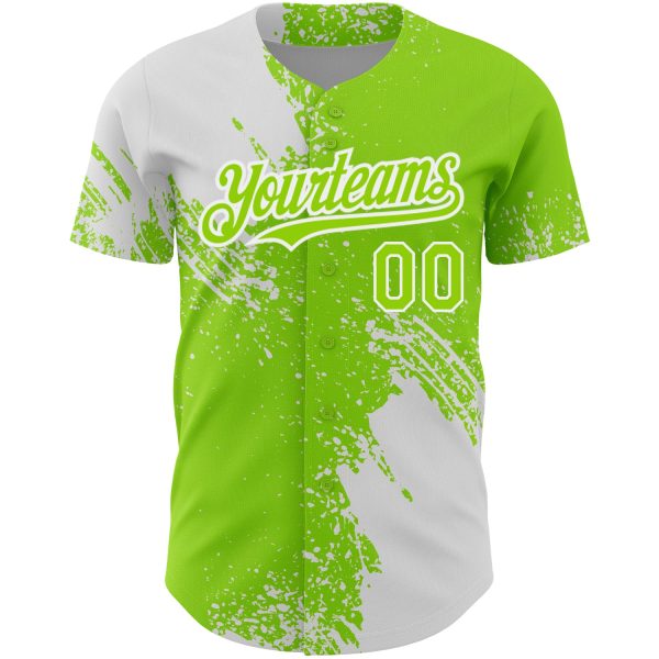 Custom Neon Green White 3D Pattern Design Abstract Brush Stroke Authentic Baseball Jersey - Image 2