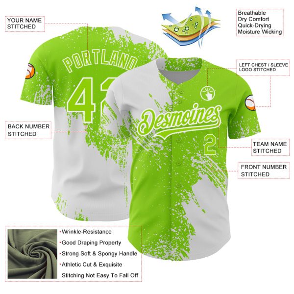 Custom Neon Green White 3D Pattern Design Abstract Brush Stroke Authentic Baseball Jersey - Image 3