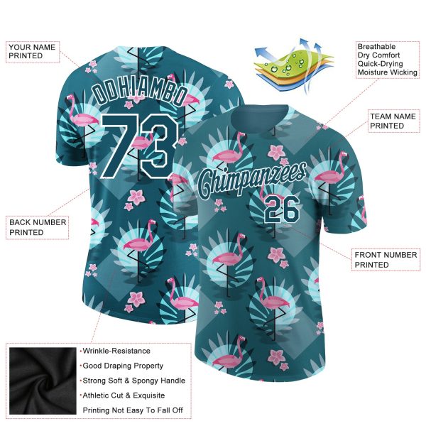 Custom Teal White 3D Pattern Design Tropical Hawaii Flamingo Performance T-Shirt - Image 2