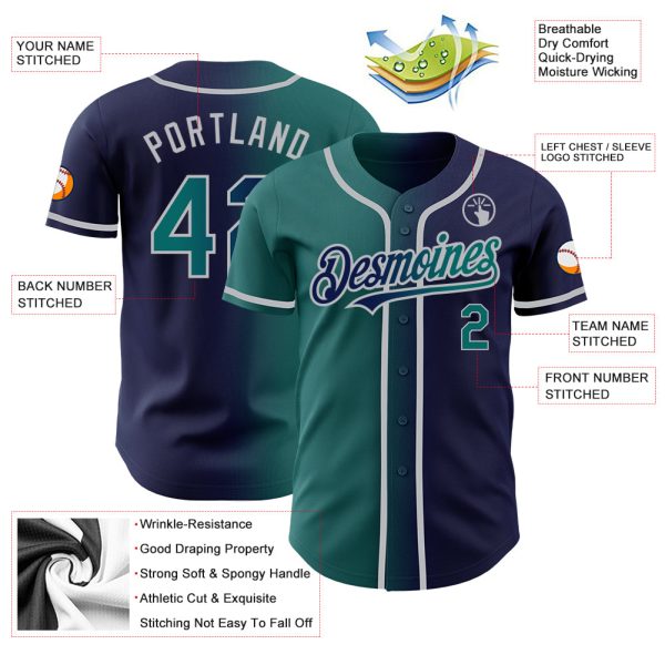 Custom Navy Teal-Gray Authentic Gradient Fashion Baseball Jersey - Image 3