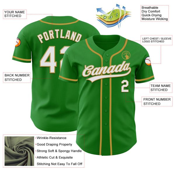 Custom Grass Green White-Old Gold Authentic Baseball Jersey - Image 3