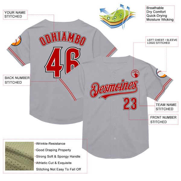 Custom Gray Red-Black Mesh Authentic Throwback Baseball Jersey - Image 3