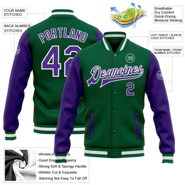 Custom Kelly Green Purple-White Bomber Full-Snap Varsity Letterman Two Tone Jacket - Image 3