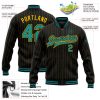Custom Black Yellow Pinstripe Teal Bomber Full-Snap Varsity Letterman Jacket - Image 3