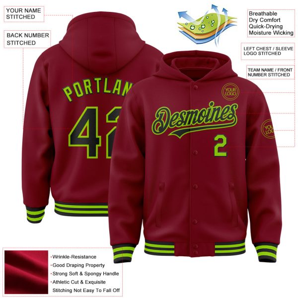 Custom Crimson Black-Neon Green Bomber Full-Snap Varsity Letterman Hoodie Jacket - Image 3