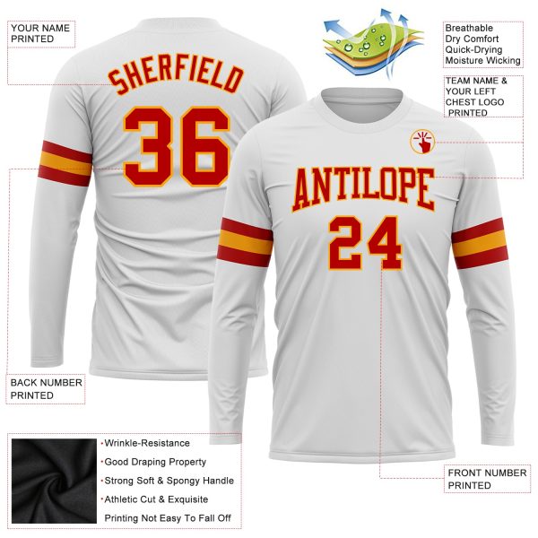 Custom White Red-Gold Long Sleeve Performance T-Shirt - Image 3