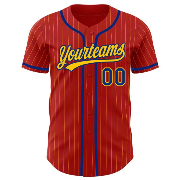 Custom Red Yellow Pinstripe Royal Authentic Baseball Jersey - Image 2