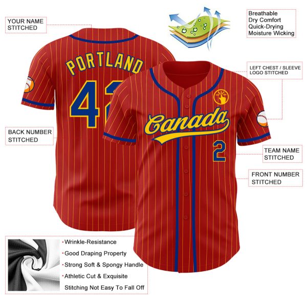 Custom Red Yellow Pinstripe Royal Authentic Baseball Jersey - Image 3