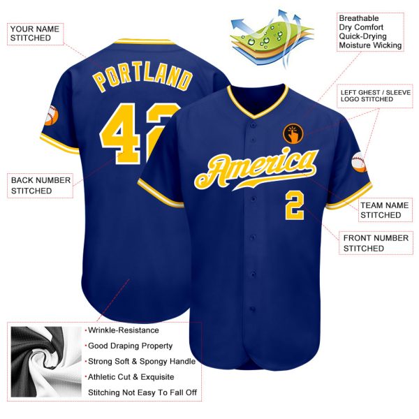 Custom Royal Gold-White Authentic Baseball Jersey - Image 3