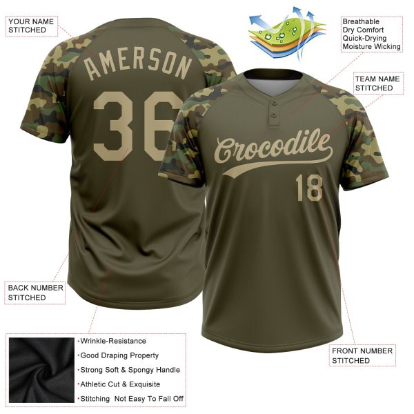 Custom Olive Vegas Gold-Camo 3D Pattern Salute To Service Two-Button Unisex Softball Jersey - Image 3