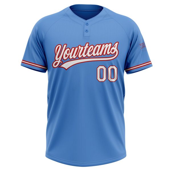 Custom Powder Blue White-Red Two-Button Unisex Softball Jersey - Image 2