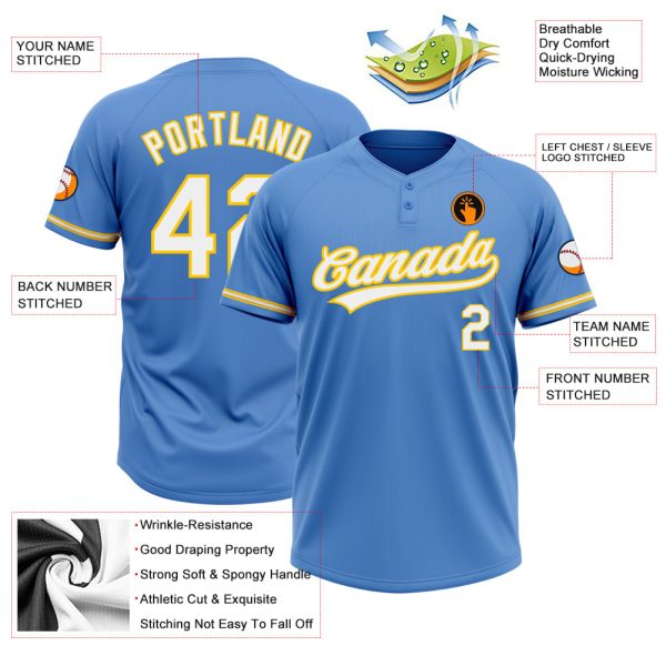 Custom Powder Blue White-Yellow Two-Button Unisex Softball Jersey - Image 3