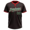 Custom Black Red Pinstripe Kelly Green-White Two-Button Unisex Softball Jersey - Image 2