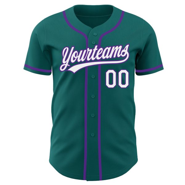 Custom Teal White-Purple Authentic Baseball Jersey - Image 2