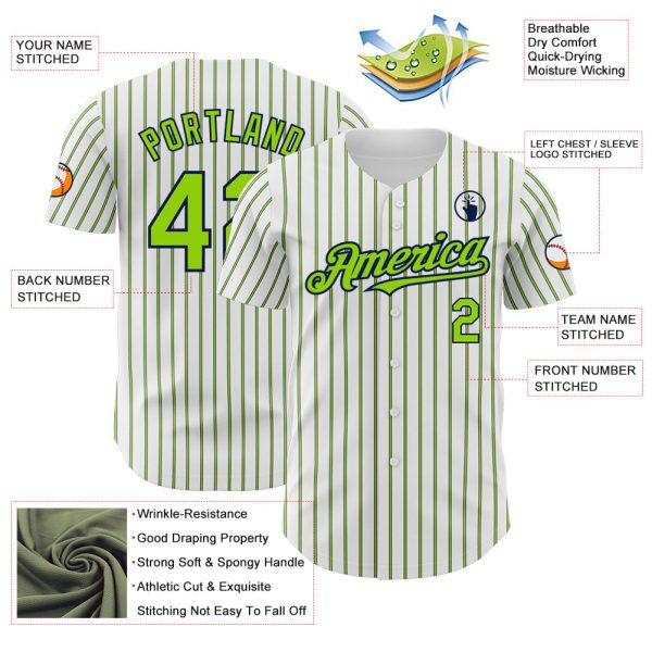 Custom White (Navy Neon Green Pinstripe) Neon Green-Navy Authentic Baseball Jersey - Image 3