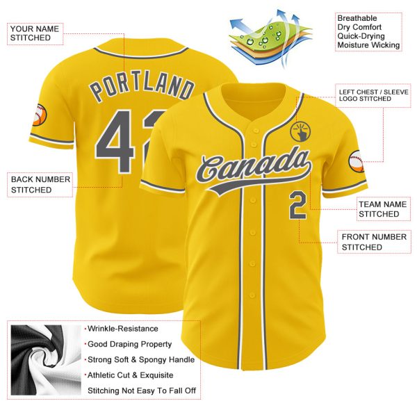 Custom Yellow Steel Gray-White Authentic Baseball Jersey - Image 3