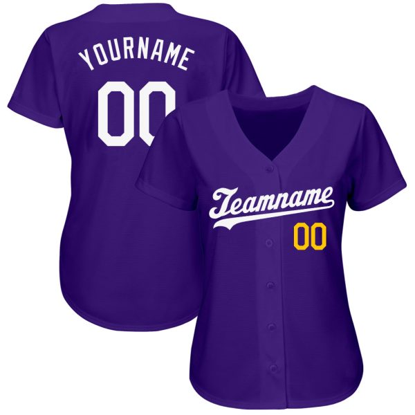 Custom Purple White-Gold Authentic Baseball Jersey - Image 2